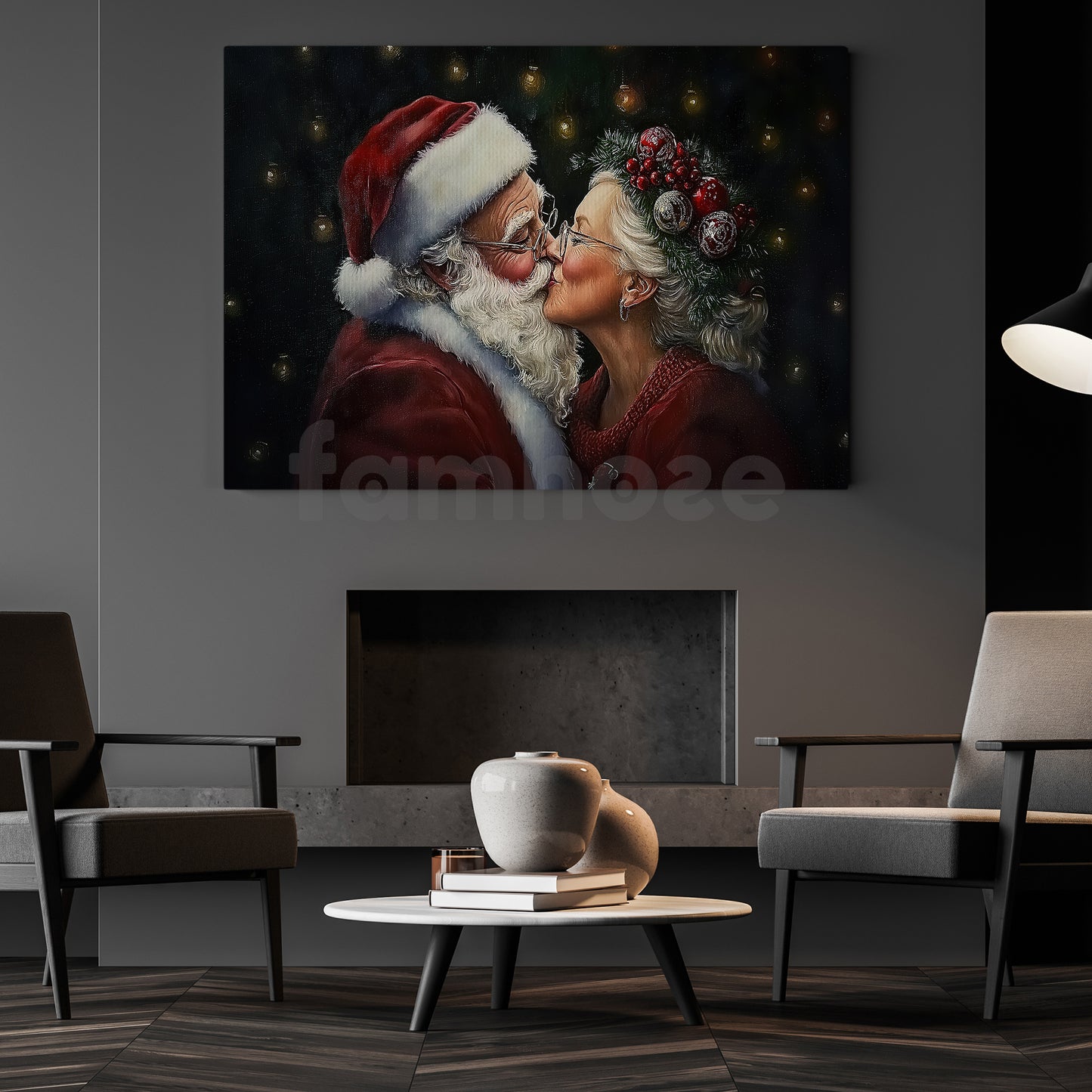 Christmas Couple Canvas Painting, Santa Claus And His Lover Wall Art Decor, Xmas Poster Gift To Decor House Or Office