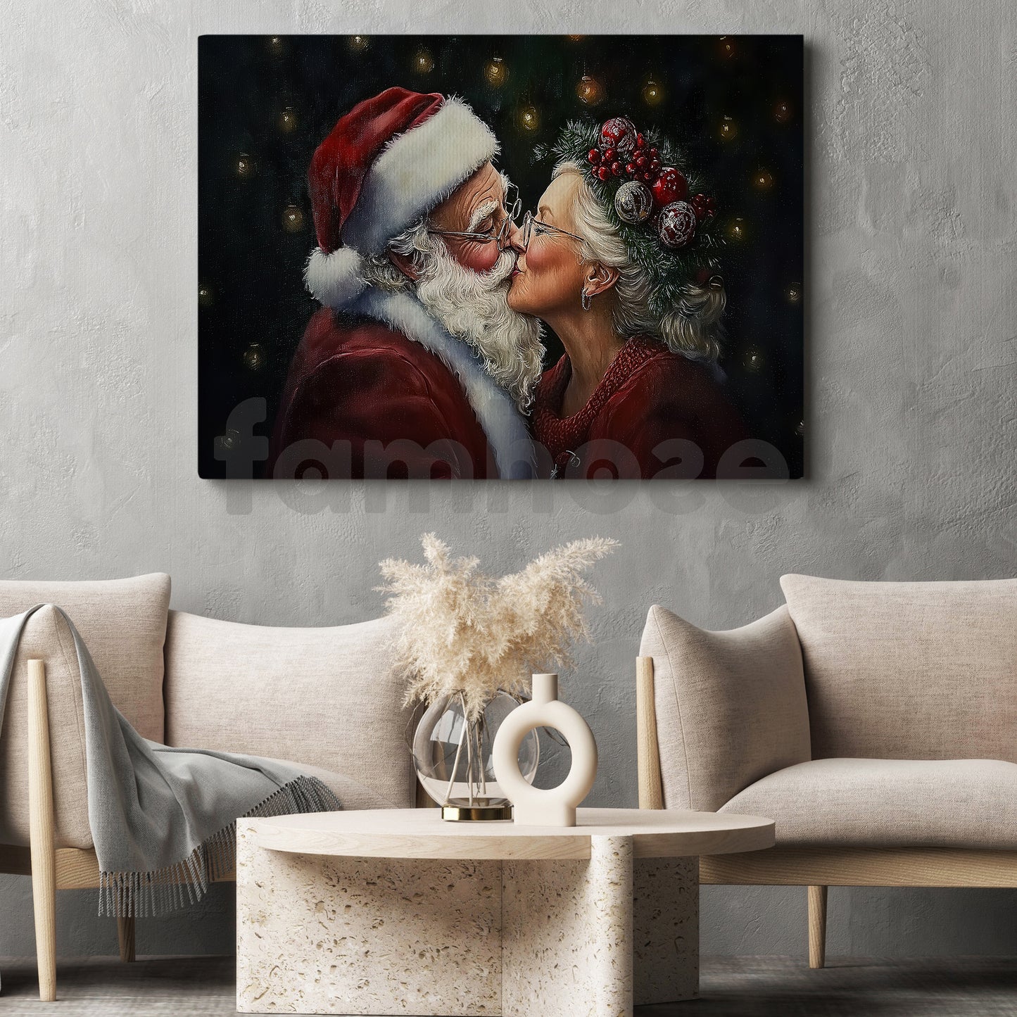 Christmas Couple Canvas Painting, Santa Claus And His Lover Wall Art Decor, Xmas Poster Gift To Decor House Or Office