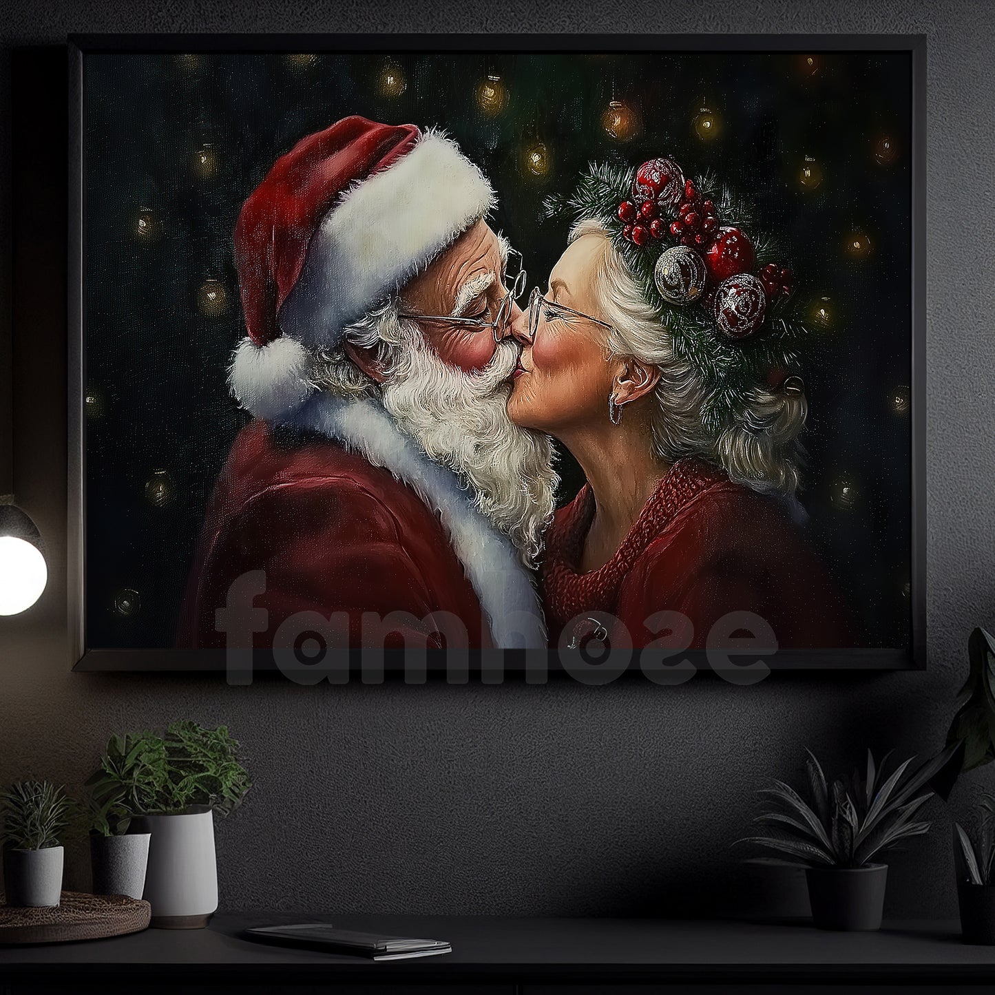 Christmas Couple Canvas Painting, Santa Claus And His Lover Wall Art Decor, Xmas Poster Gift To Decor House Or Office