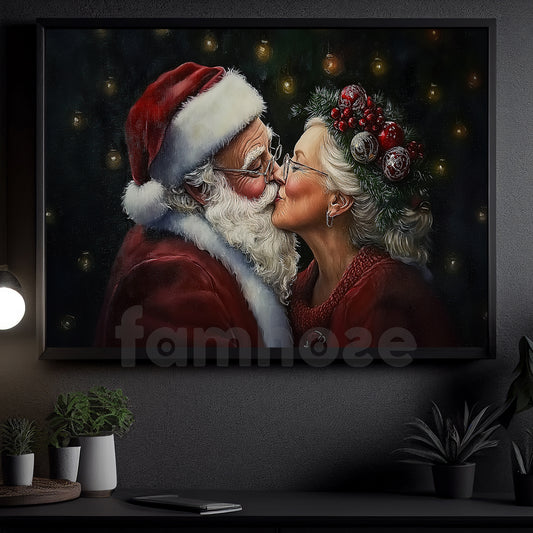 Christmas Couple Canvas Painting, Santa Claus And His Lover Wall Art Decor, Xmas Poster Gift To Decor House Or Office