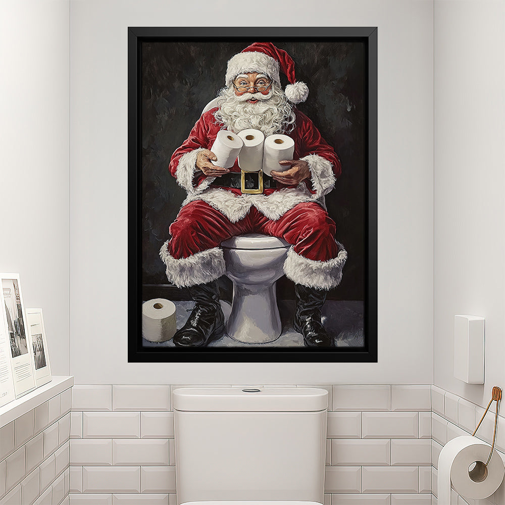 Funny Christmas Toilet Canvas Painting, Santa Claus In His Toilet Wall Art Decor, Xmas Poster Gift For Toilet Canvas