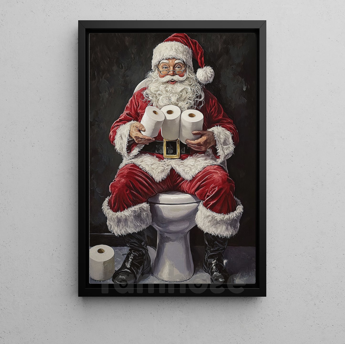Funny Christmas Toilet Canvas Painting, Santa Claus In His Toilet Wall Art Decor, Xmas Poster Gift For Toilet Canvas