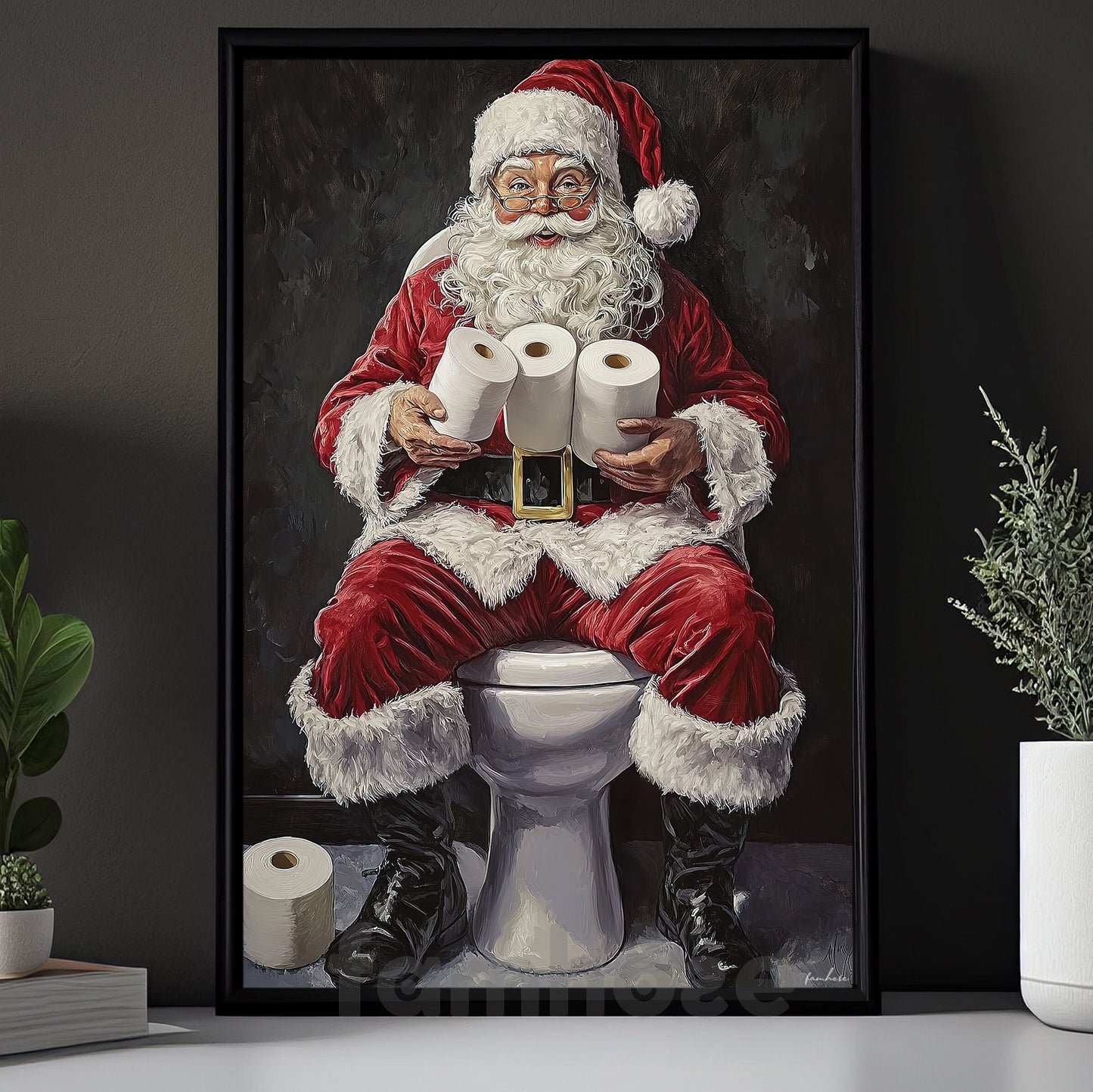 Funny Christmas Toilet Canvas Painting, Santa Claus In His Toilet Wall Art Decor, Xmas Poster Gift For Toilet Canvas