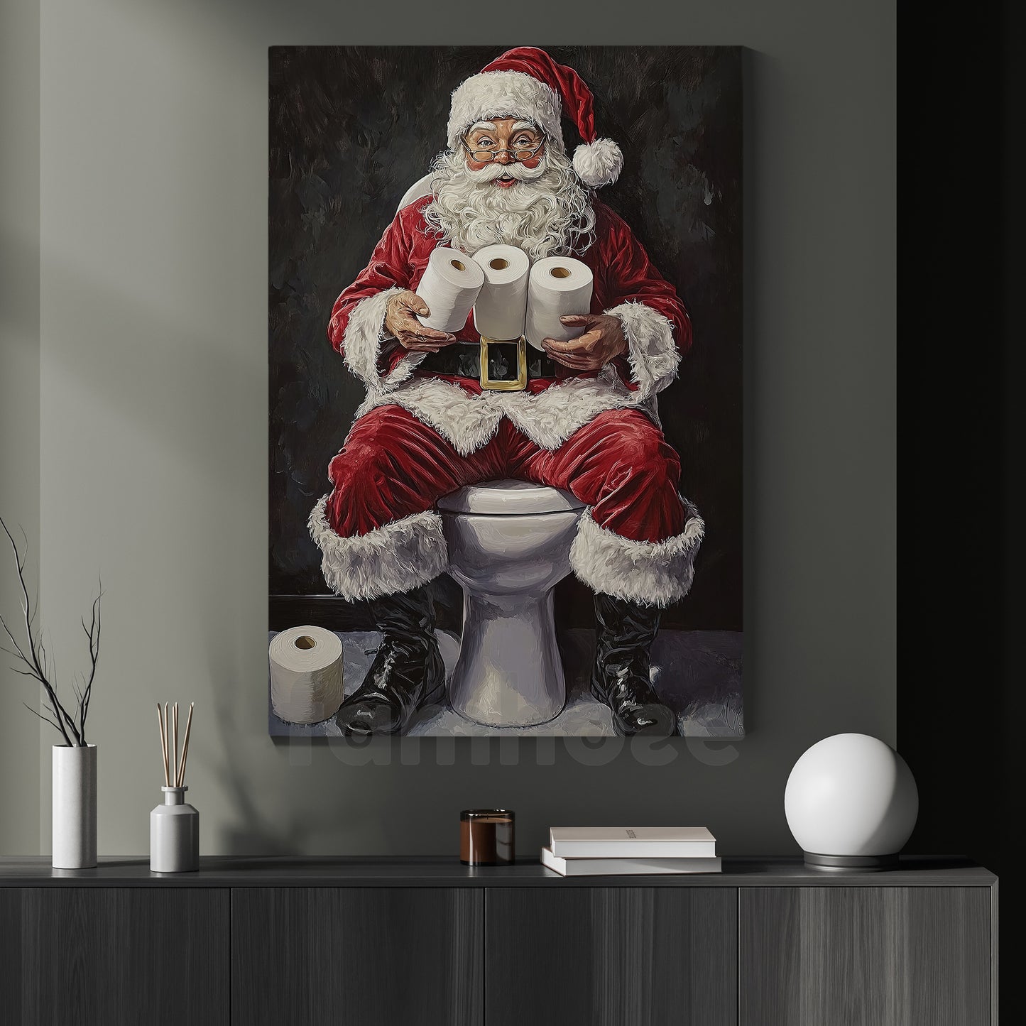 Funny Christmas Toilet Canvas Painting, Santa Claus In His Toilet Wall Art Decor, Xmas Poster Gift For Toilet Canvas