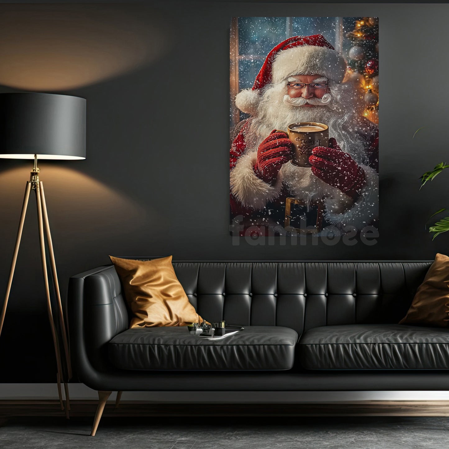 Christmas Canvas Painting, Santa Smiling With Hot Coffee Wall Art Decor, Xmas Poster Gift
