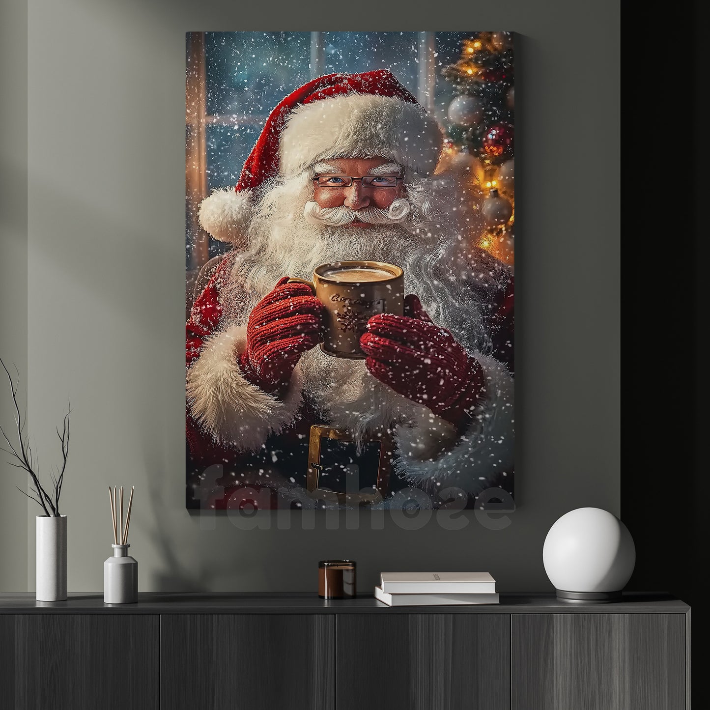 Christmas Canvas Painting, Santa Smiling With Hot Coffee Wall Art Decor, Xmas Poster Gift