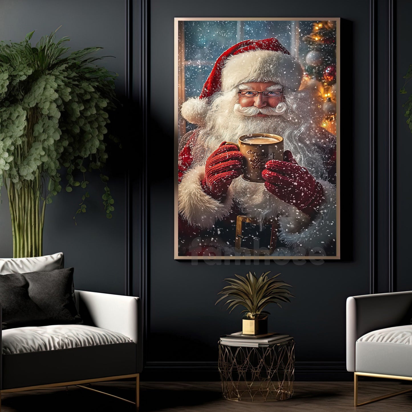 Christmas Canvas Painting, Santa Smiling With Hot Coffee Wall Art Decor, Xmas Poster Gift