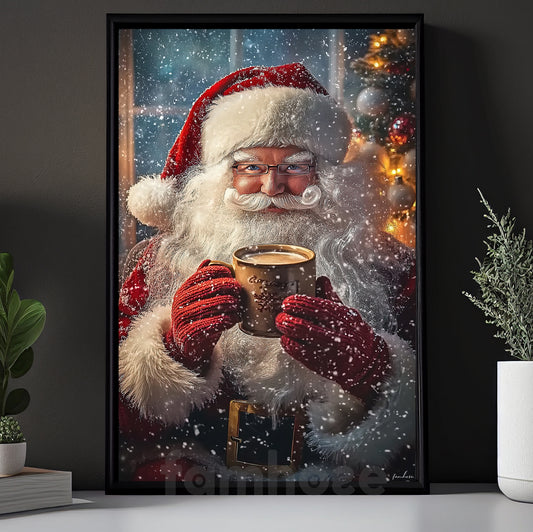 Christmas Canvas Painting, Santa Smiling With Hot Coffee Wall Art Decor, Xmas Poster Gift