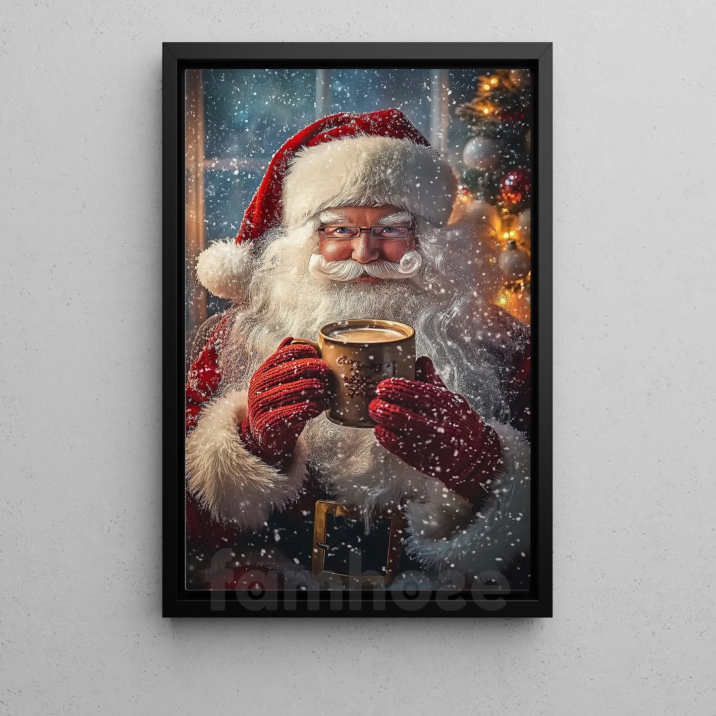 Christmas Canvas Painting, Santa Smiling With Hot Coffee Wall Art Decor, Xmas Poster Gift