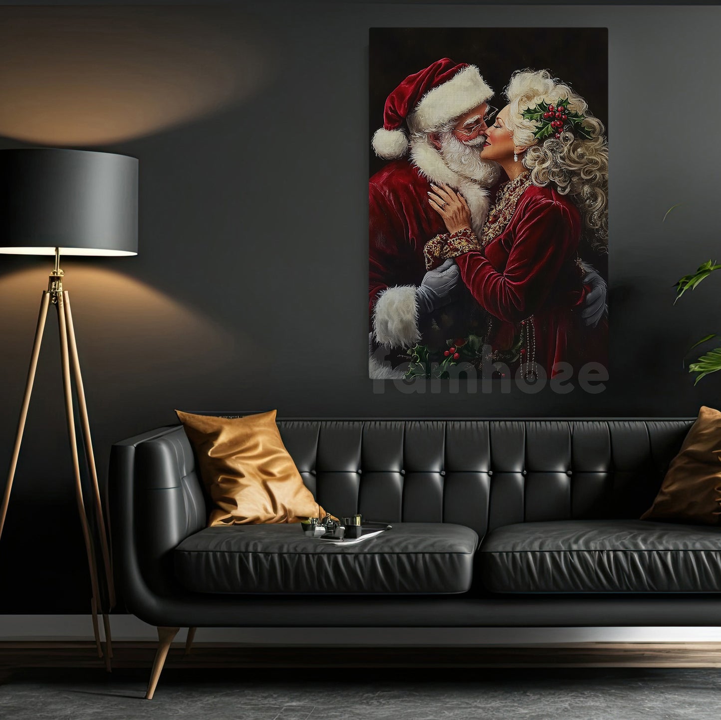 Funny Christmas Couple Canvas Painting, Santa And Mrs. Claus Kiss Wall Art Decor, Xmas Poster Gift For Couple
