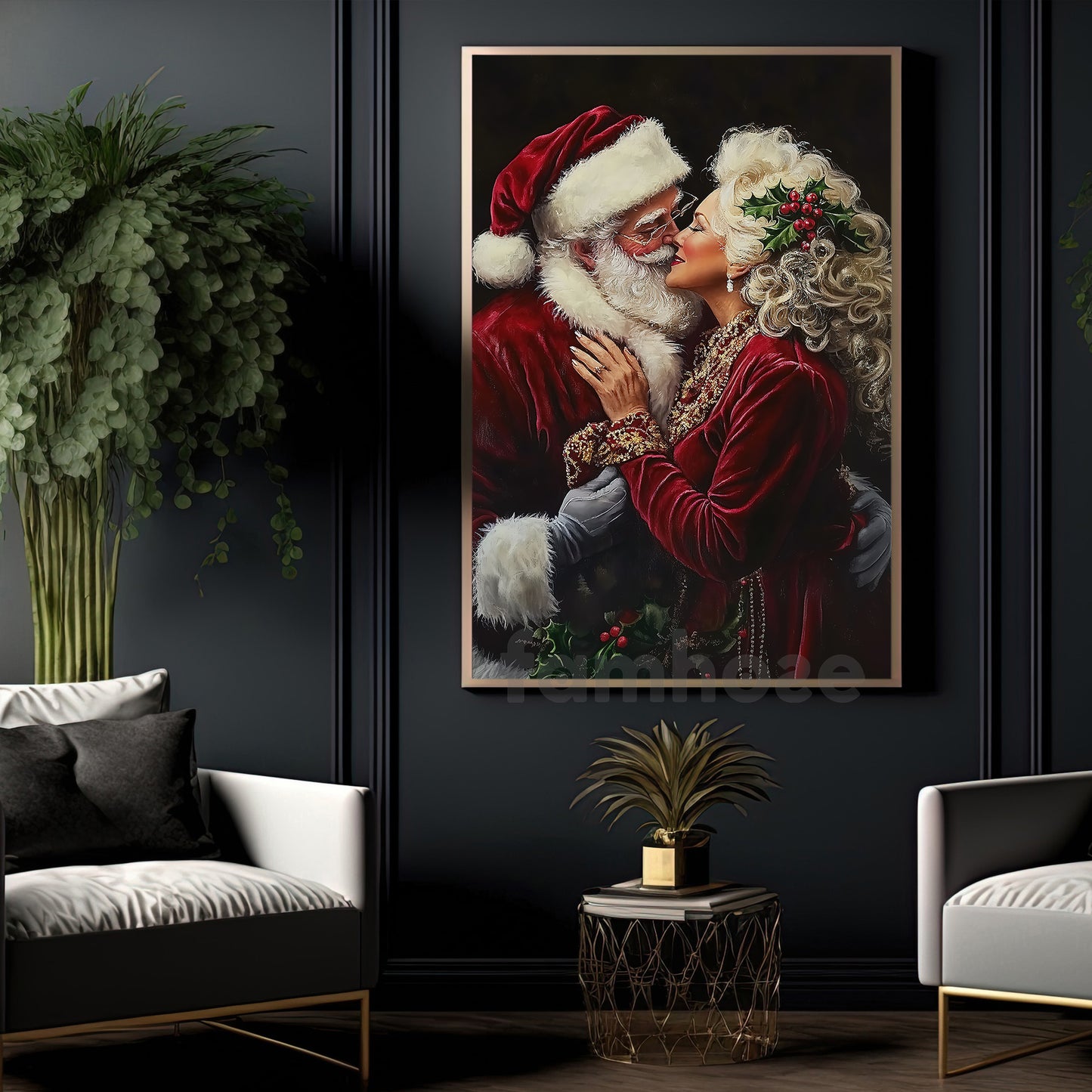 Funny Christmas Couple Canvas Painting, Santa And Mrs. Claus Kiss Wall Art Decor, Xmas Poster Gift For Couple