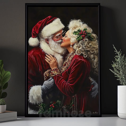 Funny Christmas Couple Canvas Painting, Santa And Mrs. Claus Kiss Wall Art Decor, Xmas Poster Gift For Couple