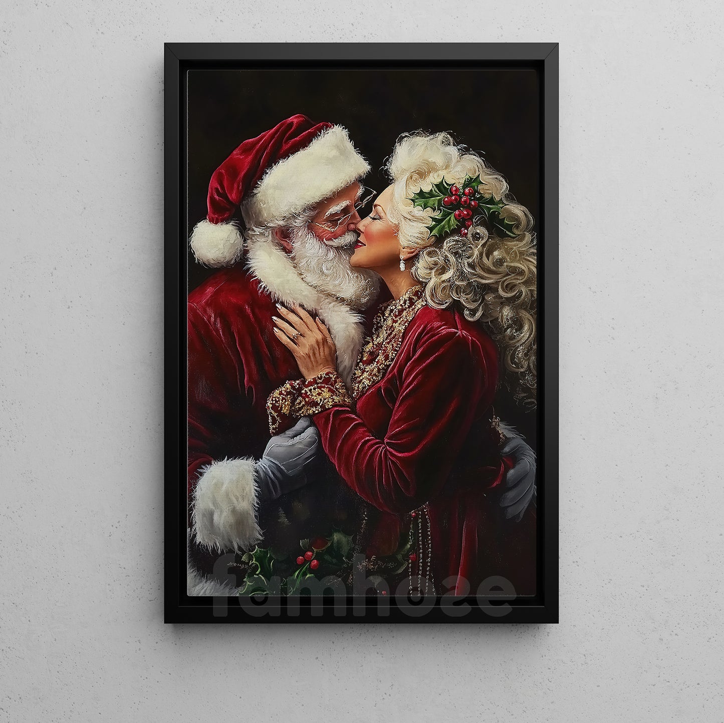 Funny Christmas Couple Canvas Painting, Santa And Mrs. Claus Kiss Wall Art Decor, Xmas Poster Gift For Couple