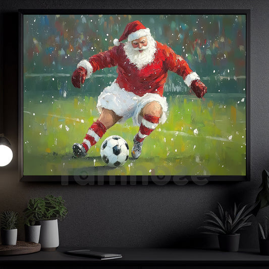 Funny Christmas Soccer Canvas Painting, Santa Claus Playing Soccer Wall Art Decor, Xmas Poster Gift For Soccer Lovers