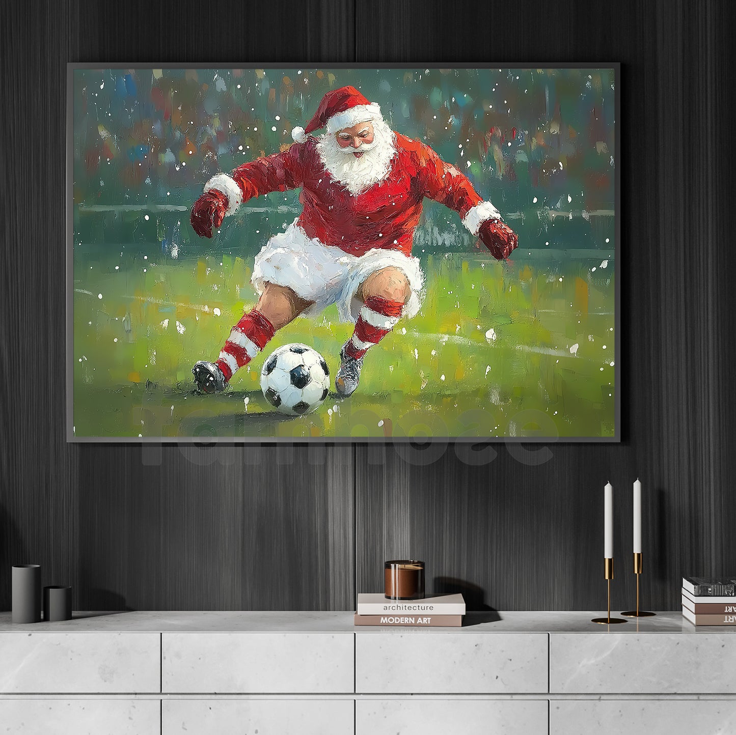 Funny Christmas Soccer Canvas Painting, Santa Claus Playing Soccer Wall Art Decor, Xmas Poster Gift For Soccer Lovers
