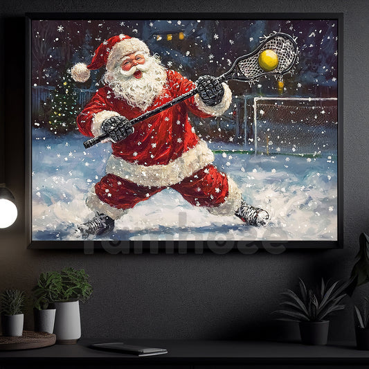Funny Christmas Lacrosse Canvas Painting, Santa Playing Lacrosse Wall Art Decor, Xmas Poster Gift For Lacrosse Lovers