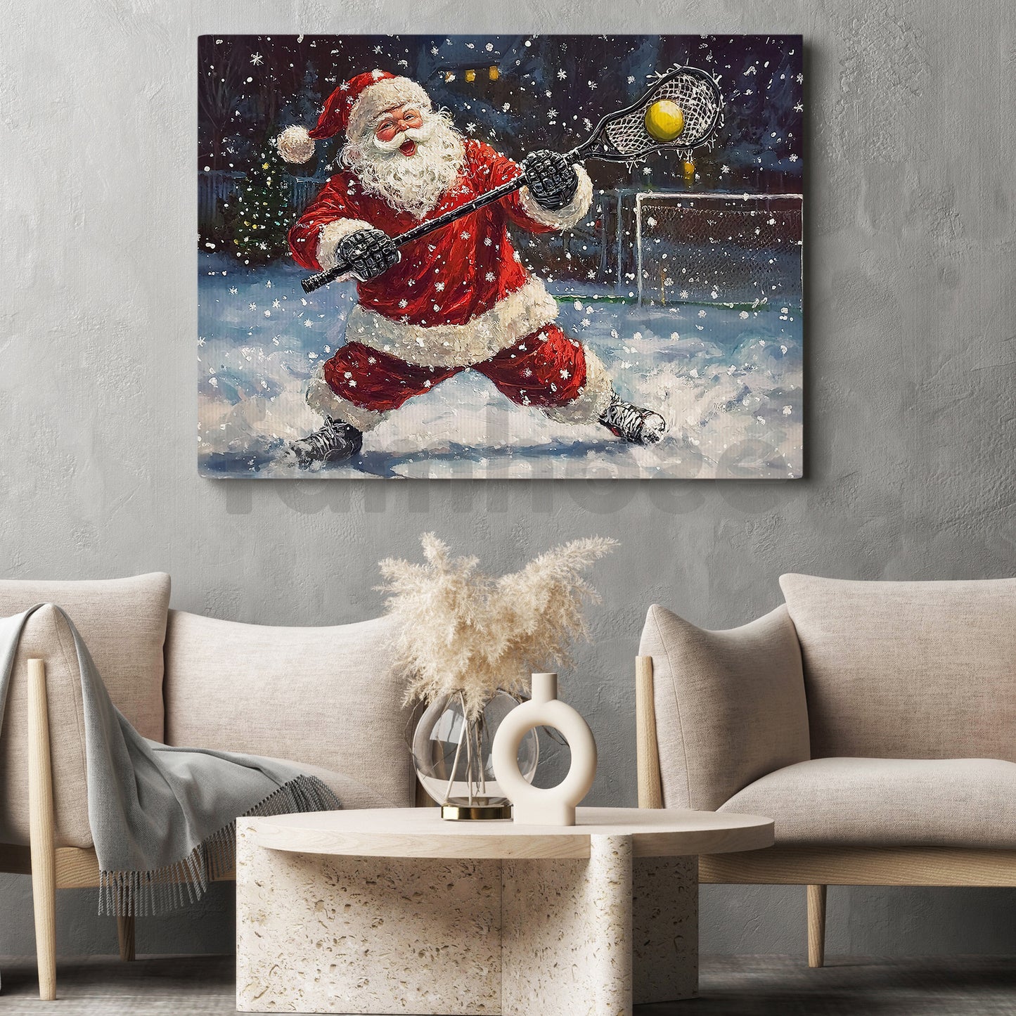 Funny Christmas Lacrosse Canvas Painting, Santa Playing Lacrosse Wall Art Decor, Xmas Poster Gift For Lacrosse Lovers
