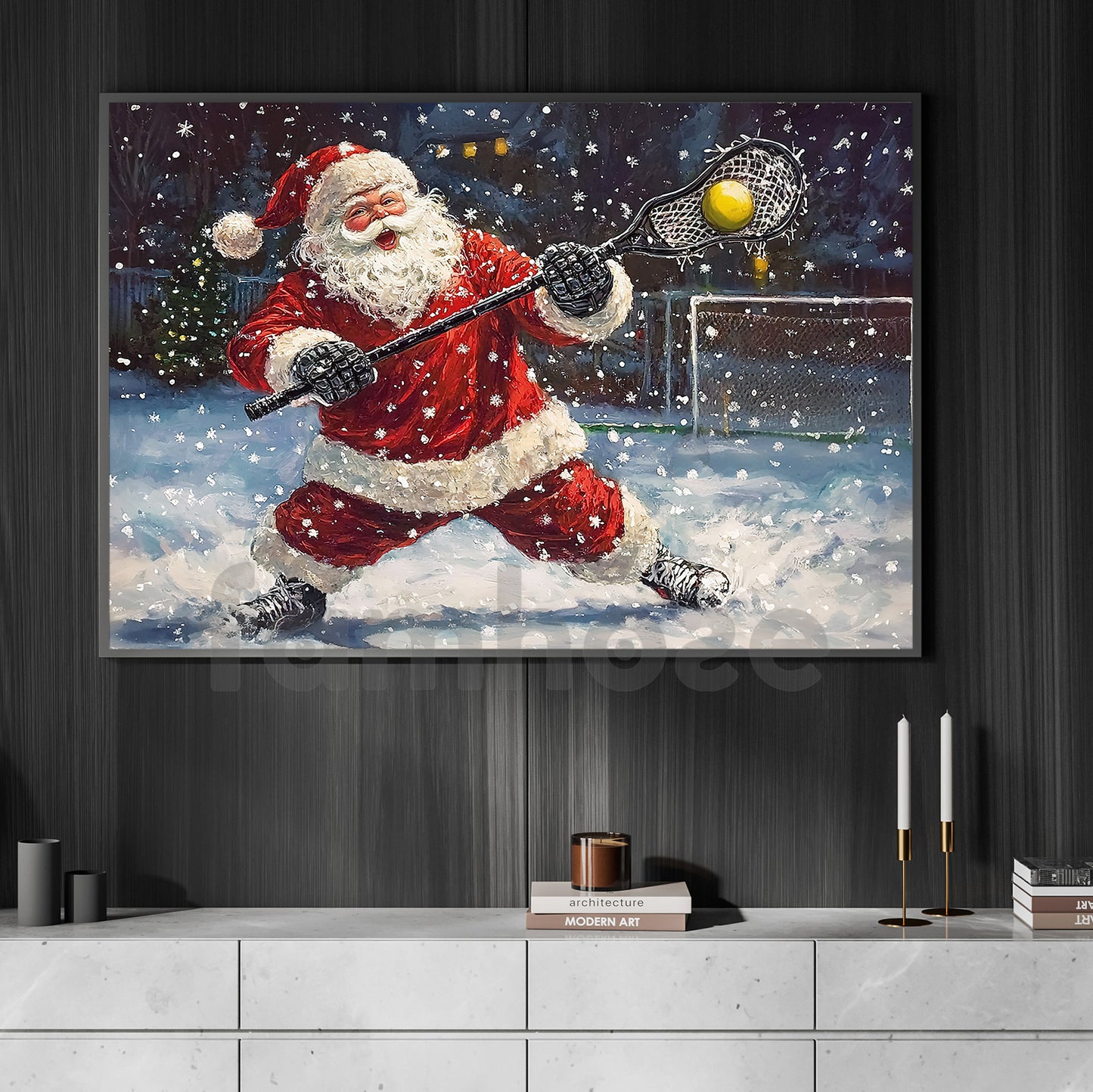 Funny Christmas Lacrosse Canvas Painting, Santa Playing Lacrosse Wall Art Decor, Xmas Poster Gift For Lacrosse Lovers