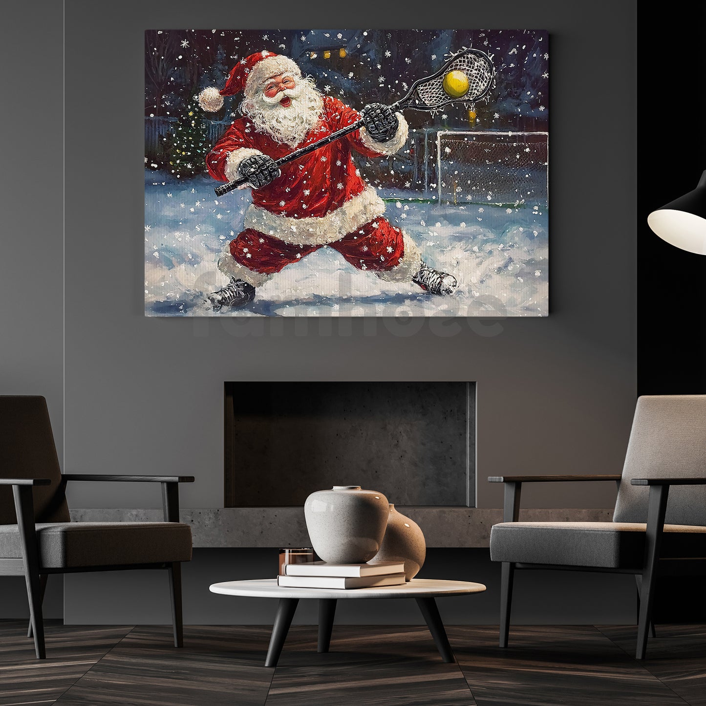 Funny Christmas Lacrosse Canvas Painting, Santa Playing Lacrosse Wall Art Decor, Xmas Poster Gift For Lacrosse Lovers