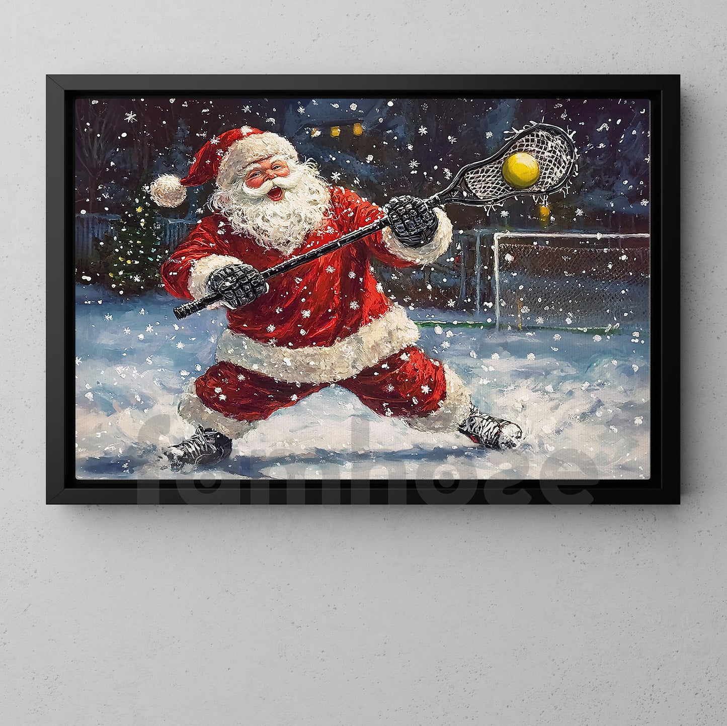 Funny Christmas Lacrosse Canvas Painting, Santa Playing Lacrosse Wall Art Decor, Xmas Poster Gift For Lacrosse Lovers