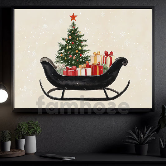 Vintage Christmas Canvas Painting, Sleigh With Christmas Tree Wall Art Decor, Xmas Poster Gift To Decor House Or Office (Copy)
