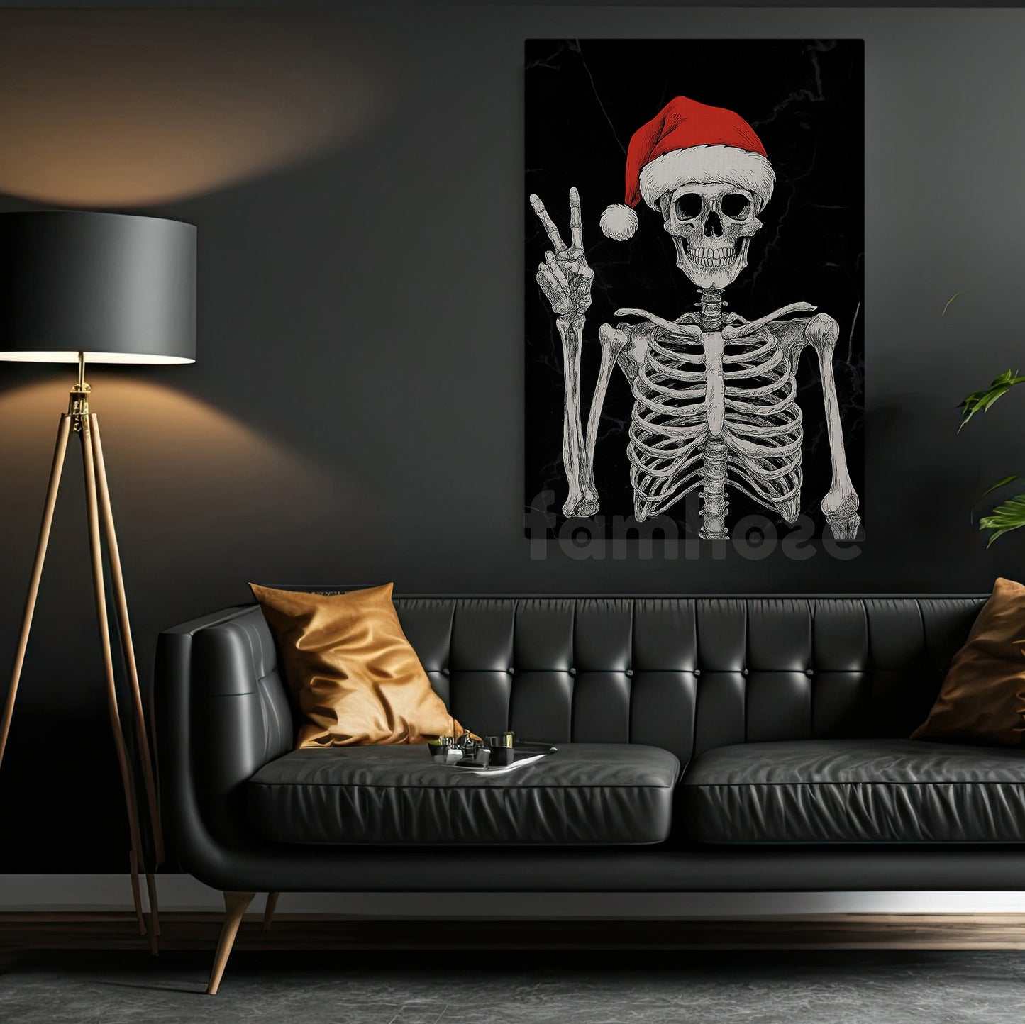 Funny Christmas Skeleton Canvas Painting, Skeleton Say Hi Wall Art Decor, Xmas Poster Gift For Skeleton Lovers