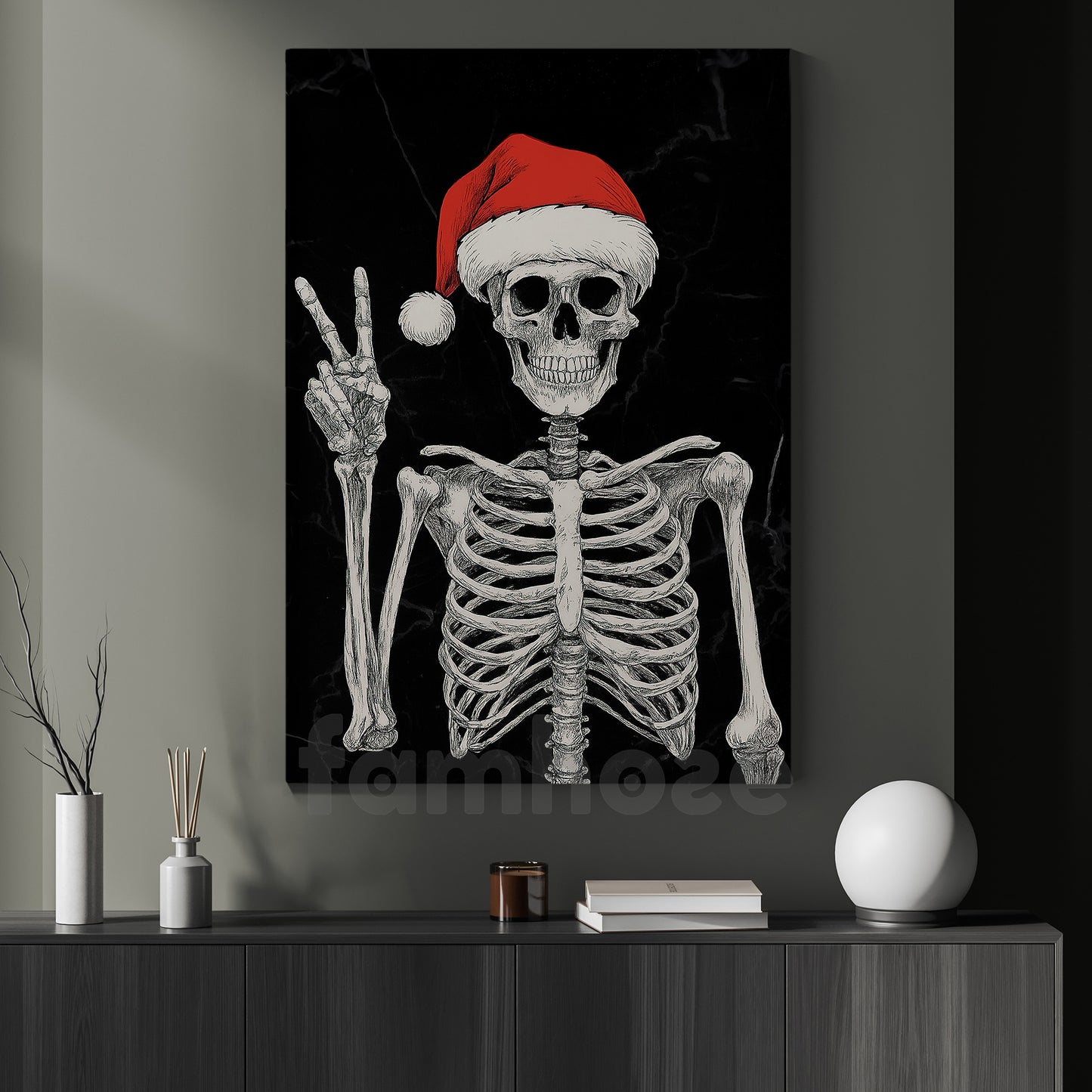 Funny Christmas Skeleton Canvas Painting, Skeleton Say Hi Wall Art Decor, Xmas Poster Gift For Skeleton Lovers