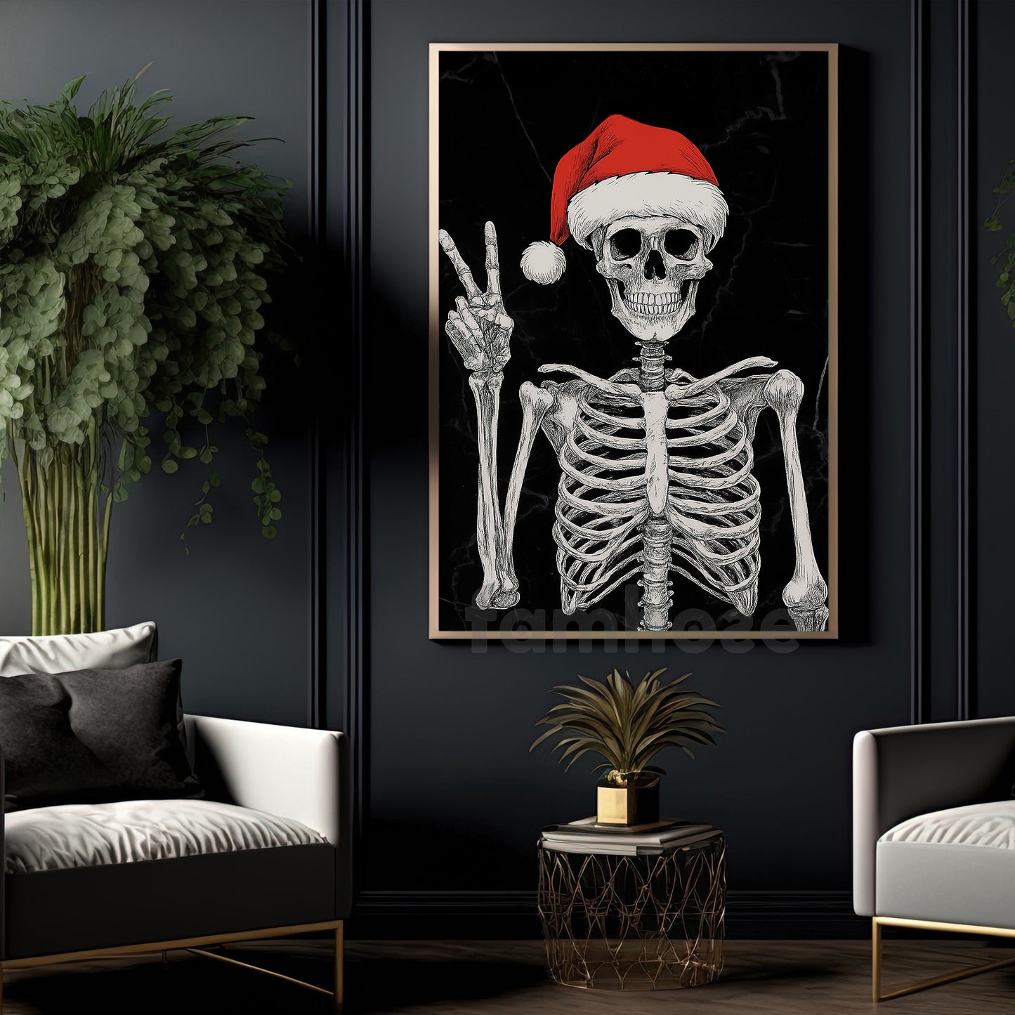 Funny Christmas Skeleton Canvas Painting, Skeleton Say Hi Wall Art Decor, Xmas Poster Gift For Skeleton Lovers