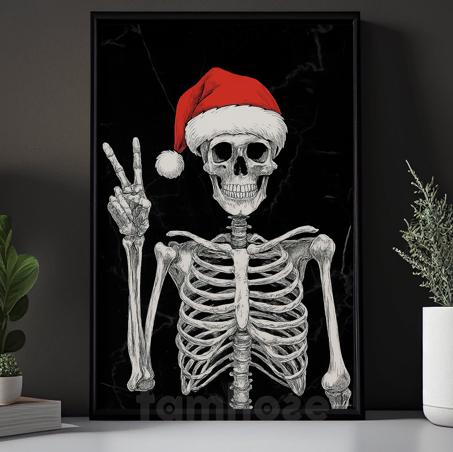 Funny Christmas Skeleton Canvas Painting, Skeleton Say Hi Wall Art Decor, Xmas Poster Gift For Skeleton Lovers
