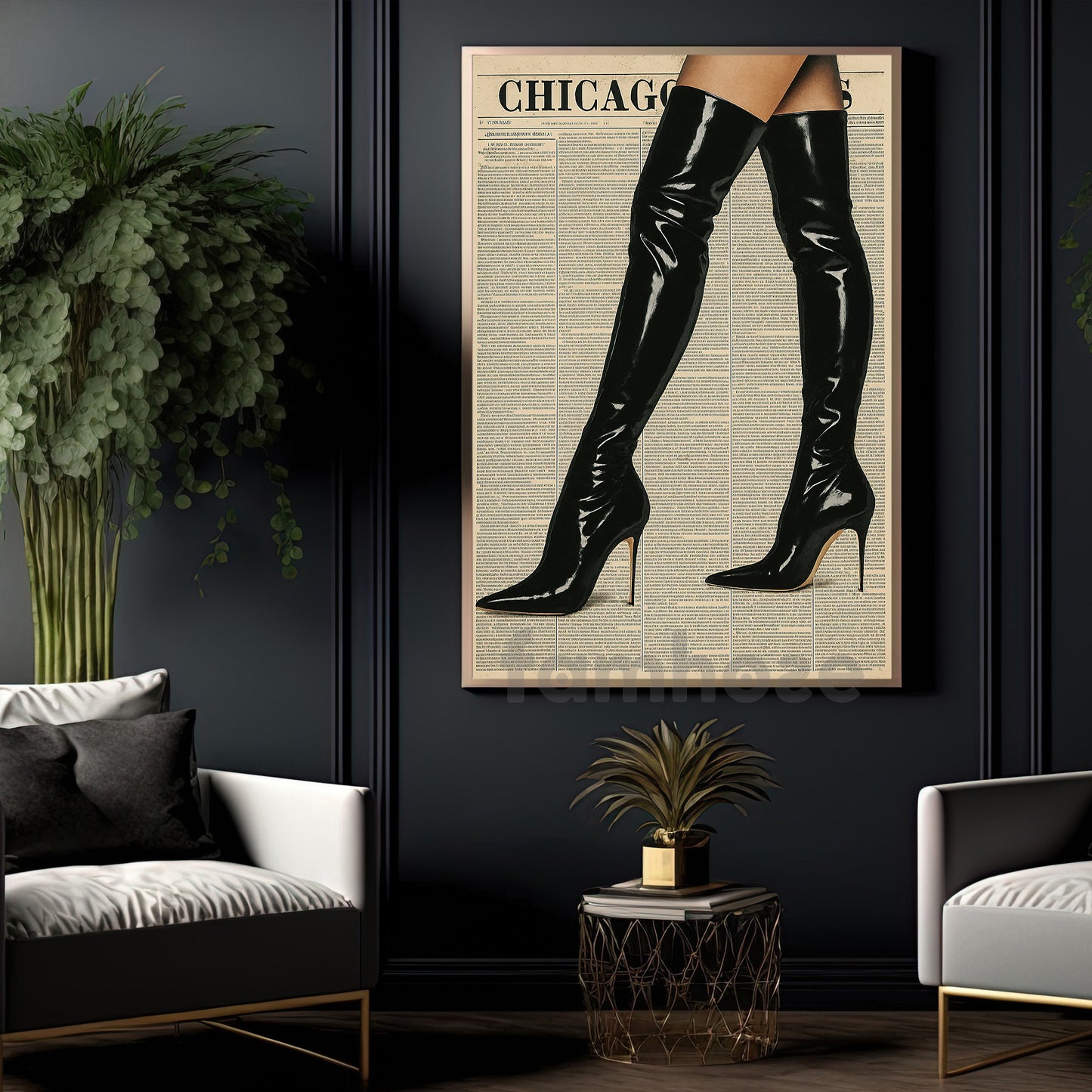 Fashion Boots Canvas Painting, Black Leather Boots Wall Art Decor, Poster Gift For Boots Lovers