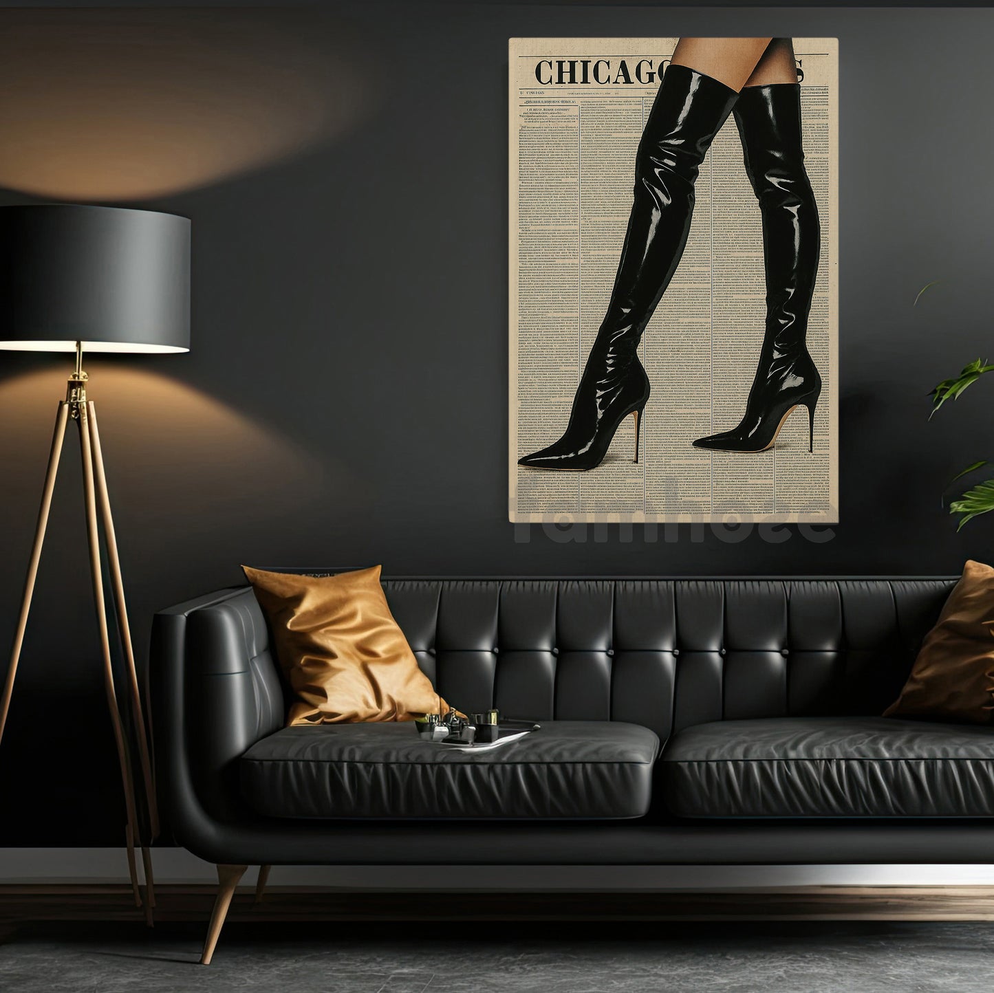 Fashion Boots Canvas Painting, Black Leather Boots Wall Art Decor, Poster Gift For Boots Lovers
