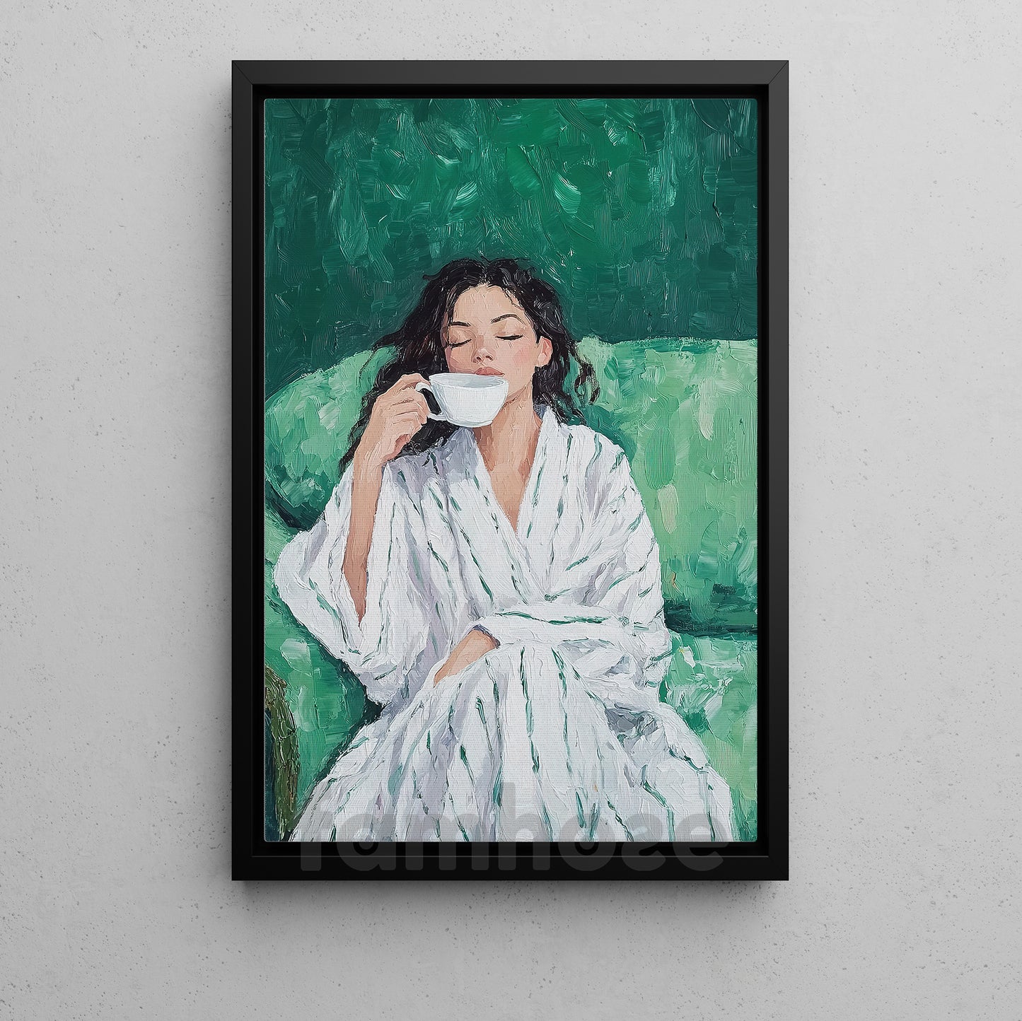 Soft Morning Coffee Canvas Painting, Elegant Woman Sitting On Sofa Wall Art Decor, Poster Gift For Coffee Lovers