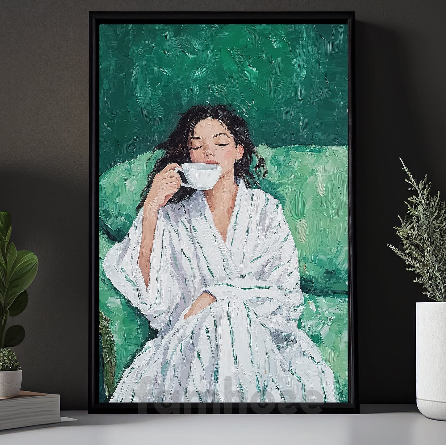 Soft Morning Coffee Canvas Painting, Elegant Woman Sitting On Sofa Wall Art Decor, Poster Gift For Coffee Lovers