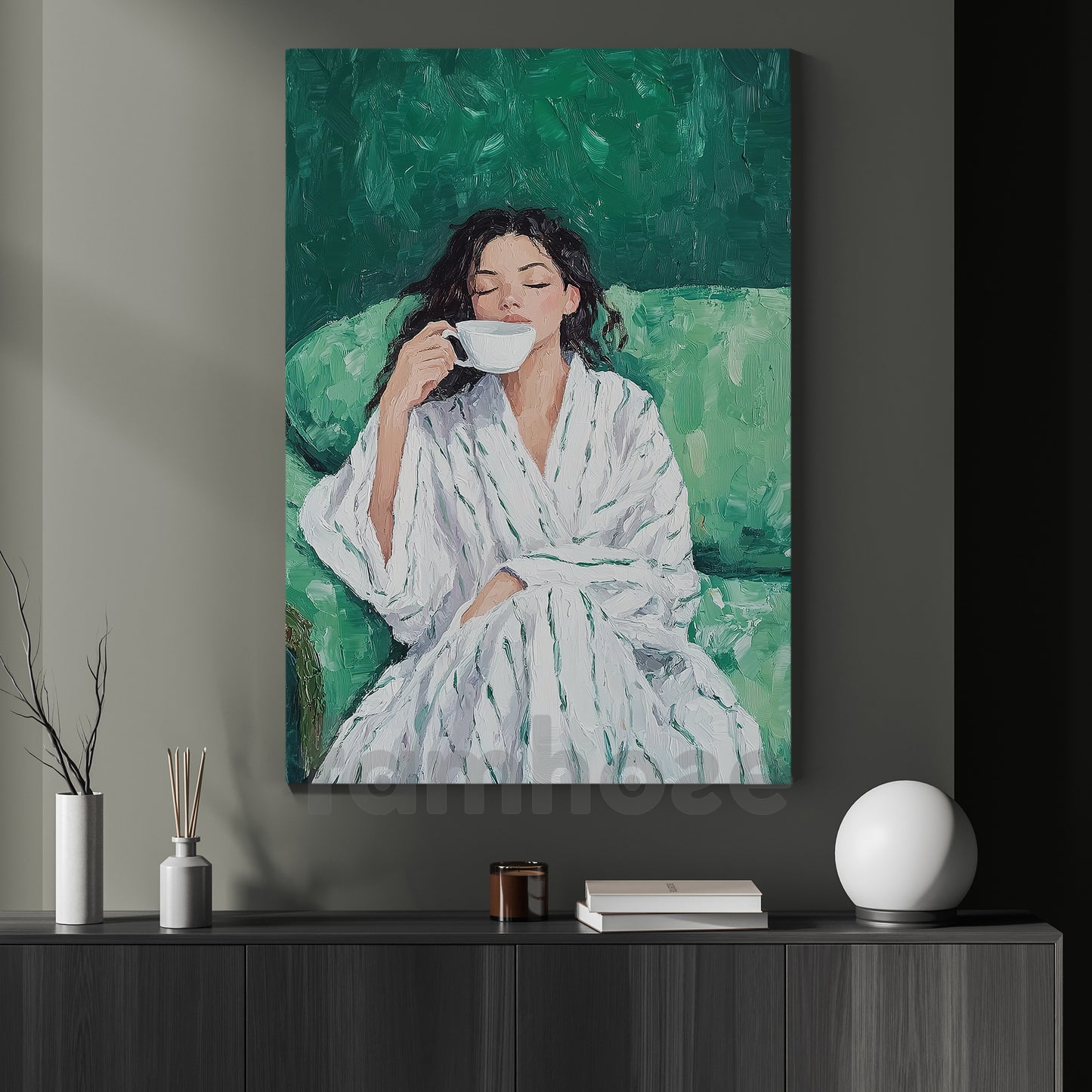Soft Morning Coffee Canvas Painting, Elegant Woman Sitting On Sofa Wall Art Decor, Poster Gift For Coffee Lovers