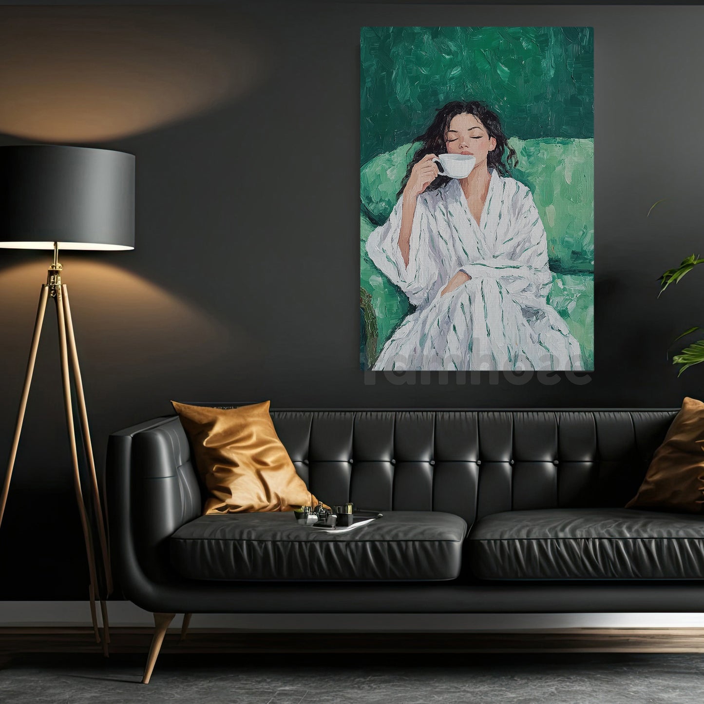 Soft Morning Coffee Canvas Painting, Elegant Woman Sitting On Sofa Wall Art Decor, Poster Gift For Coffee Lovers