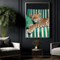Relaxed Leopard Canvas Painting, Green Striped Sofa Wall Art Decor, Poster Gift For Leopard Lovers