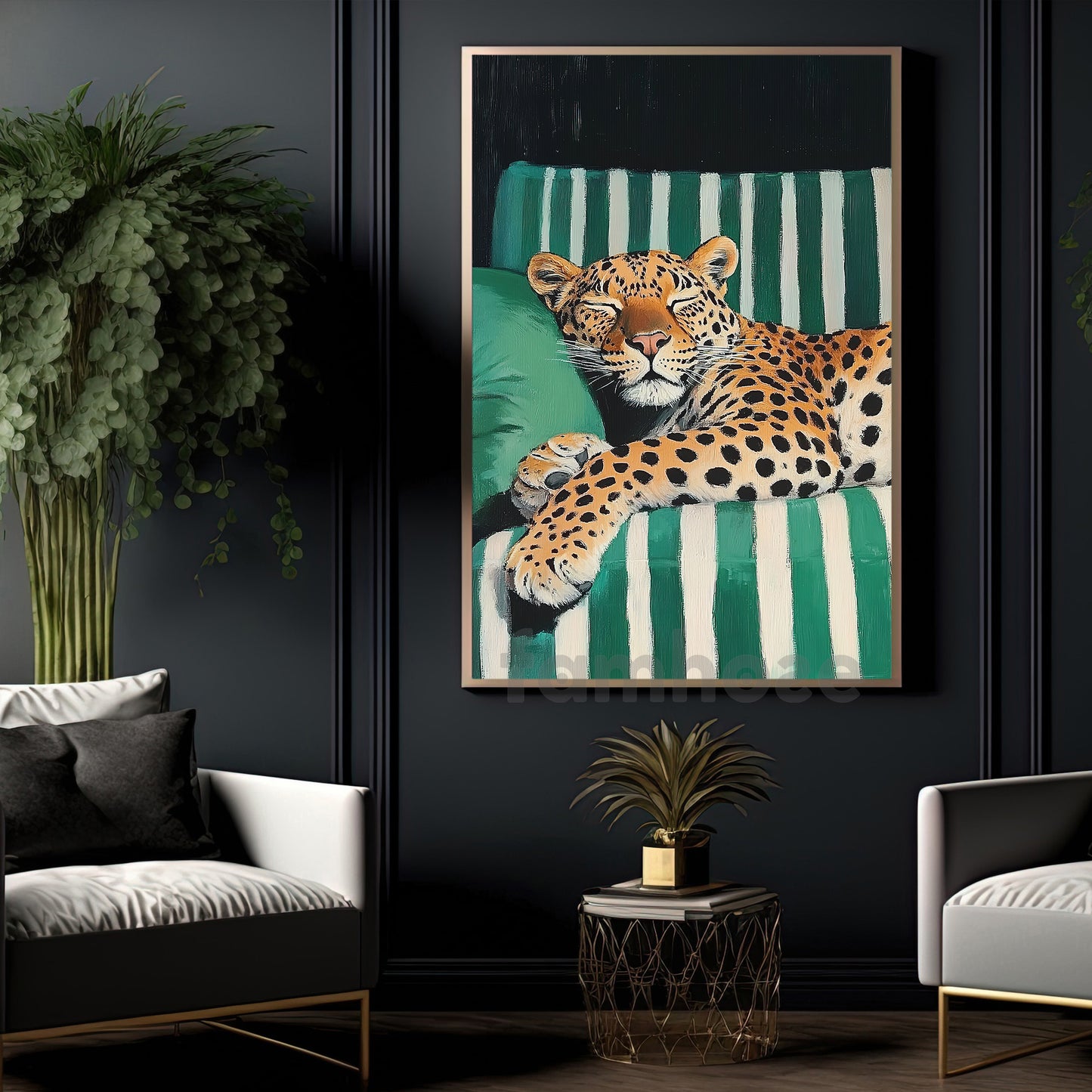 Relaxed Leopard Canvas Painting, Green Striped Sofa Wall Art Decor, Poster Gift For Leopard Lovers