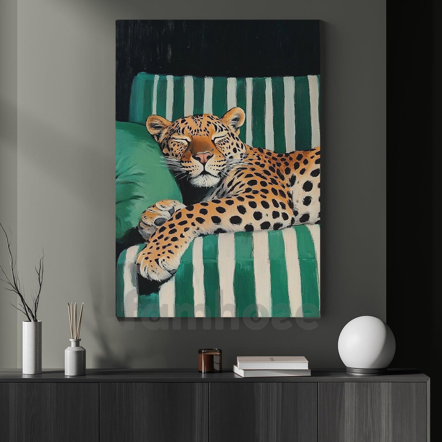 Relaxed Leopard Canvas Painting, Green Striped Sofa Wall Art Decor, Poster Gift For Leopard Lovers