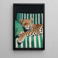 Relaxed Leopard Canvas Painting, Green Striped Sofa Wall Art Decor, Poster Gift For Leopard Lovers