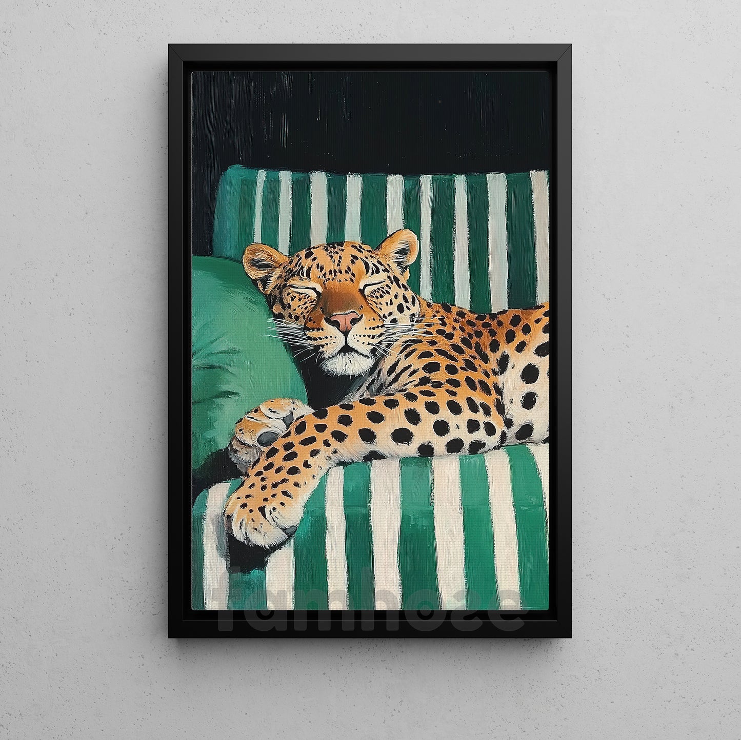 Relaxed Leopard Canvas Painting, Green Striped Sofa Wall Art Decor, Poster Gift For Leopard Lovers