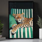 Relaxed Leopard Canvas Painting, Green Striped Sofa Wall Art Decor, Poster Gift For Leopard Lovers