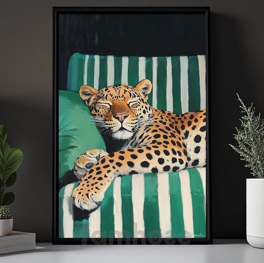 Relaxed Leopard Canvas Painting, Green Striped Sofa Wall Art Decor, Poster Gift For Leopard Lovers