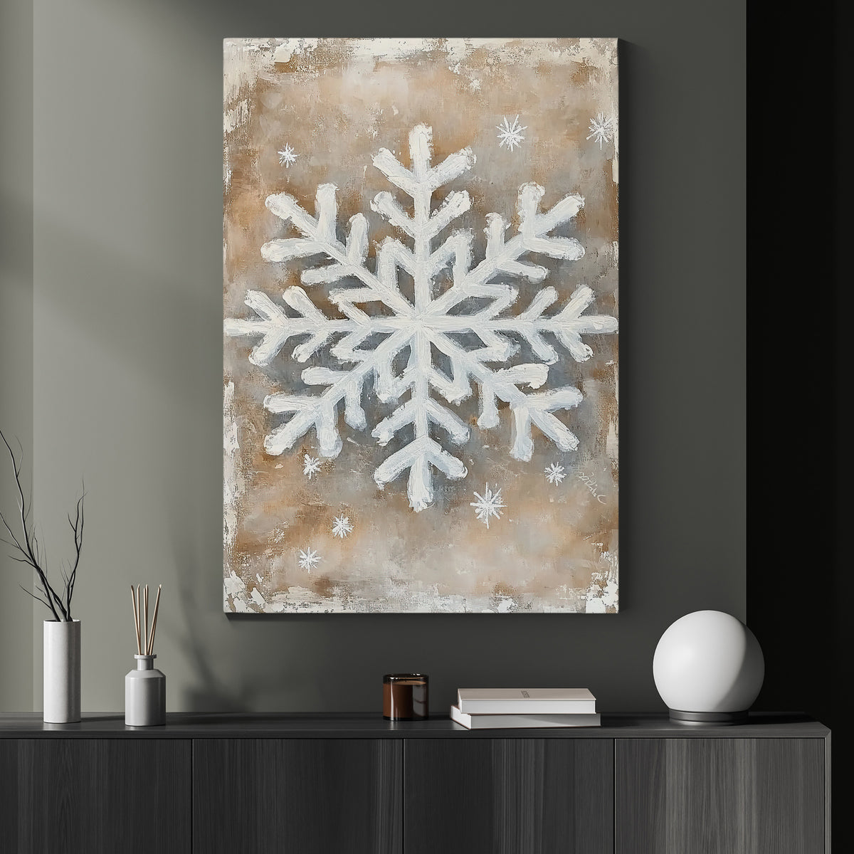Rustic Snowflake Canvas Painting, Neutral Winter Snowflake Wall Art Decor, Xmas Poster Gift To Decor House Or Office