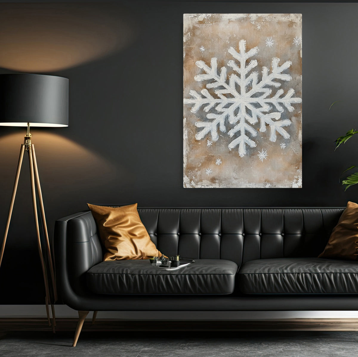 Rustic Snowflake Canvas Painting, Neutral Winter Snowflake Wall Art Decor, Xmas Poster Gift To Decor House Or Office