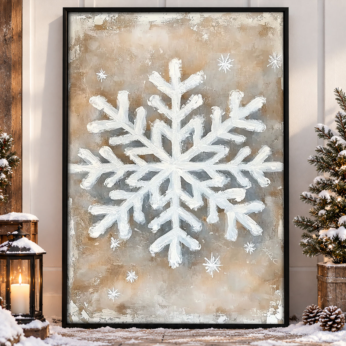 Rustic Snowflake Canvas Painting, Neutral Winter Snowflake Wall Art Decor, Xmas Poster Gift To Decor House Or Office