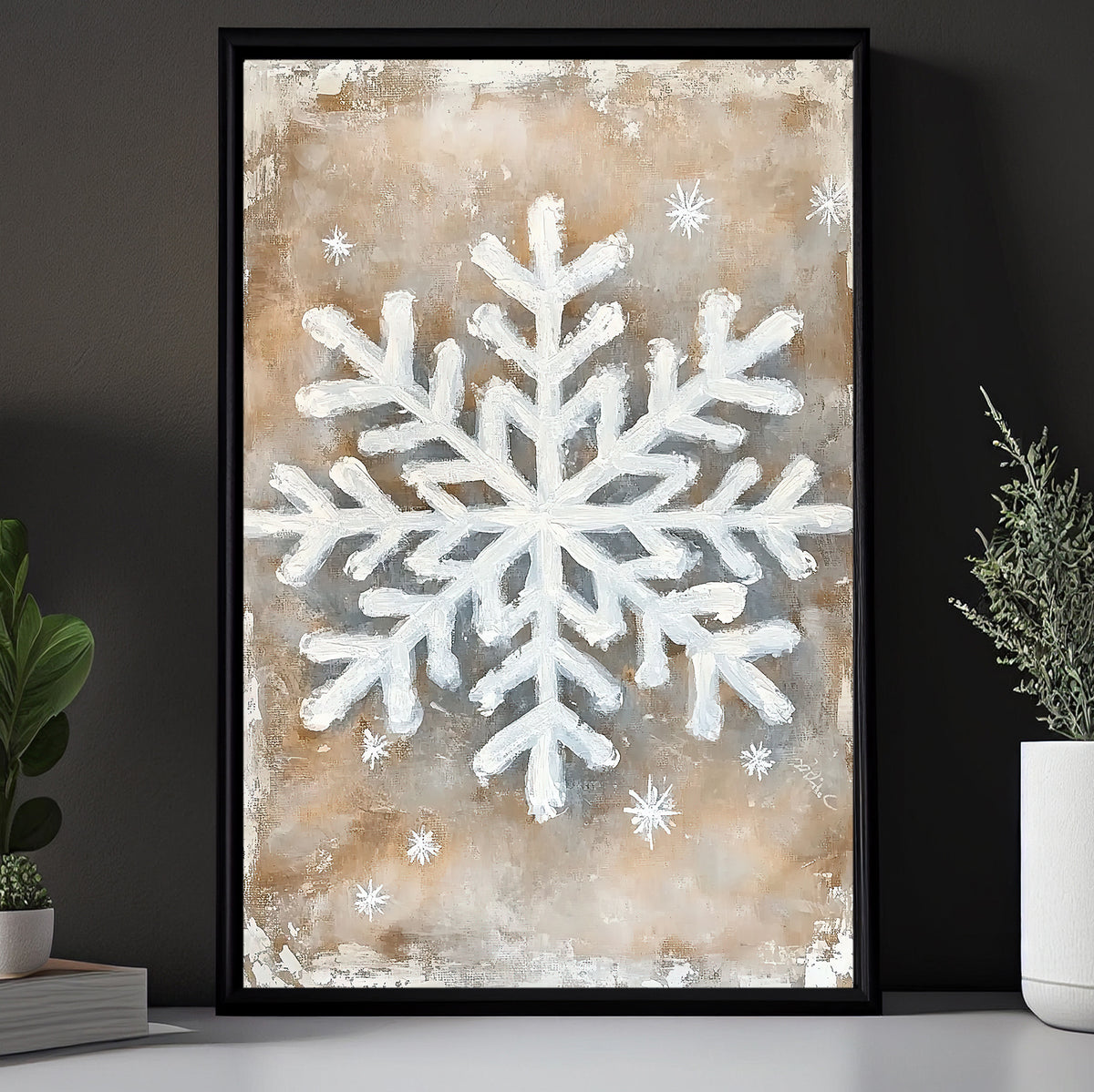 Rustic Snowflake Canvas Painting, Neutral Winter Snowflake Wall Art Decor, Xmas Poster Gift To Decor House Or Office