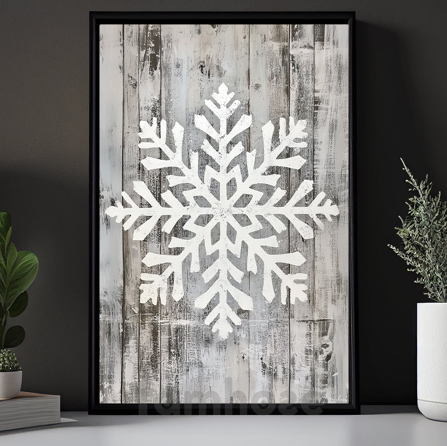 Rustic Christmas Snowflake Canvas Painting, White Snowflake Carved On Wooden Planks Wall Art Decor, Xmas Poster Gift For Snowflake Lovers