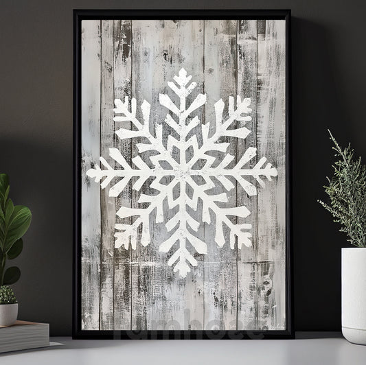Rustic Christmas Snowflake Canvas Painting, White Snowflake Carved On Wooden Planks Wall Art Decor, Xmas Poster Gift For Snowflake Lovers