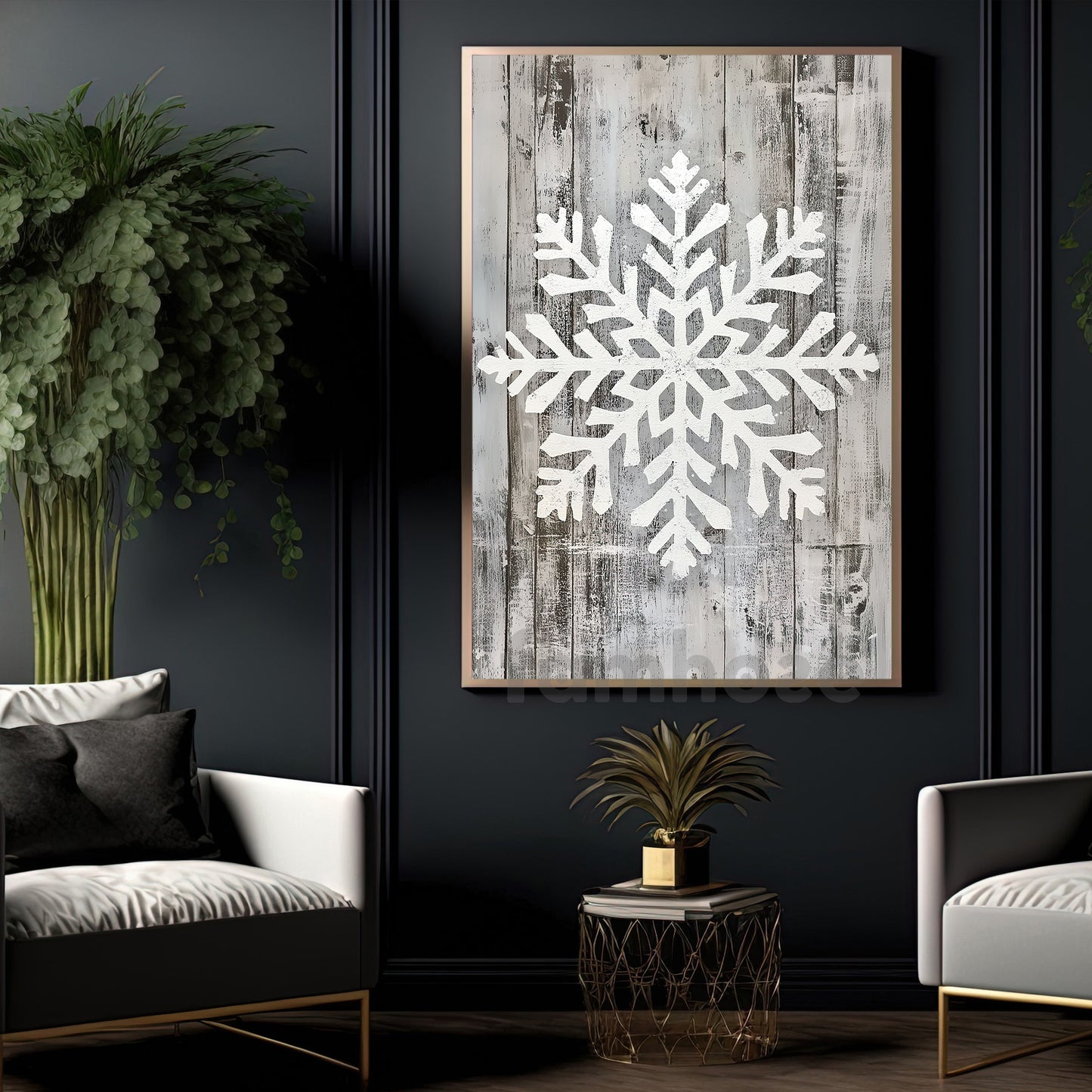Rustic Christmas Snowflake Canvas Painting, White Snowflake Carved On Wooden Planks Wall Art Decor, Xmas Poster Gift For Snowflake Lovers