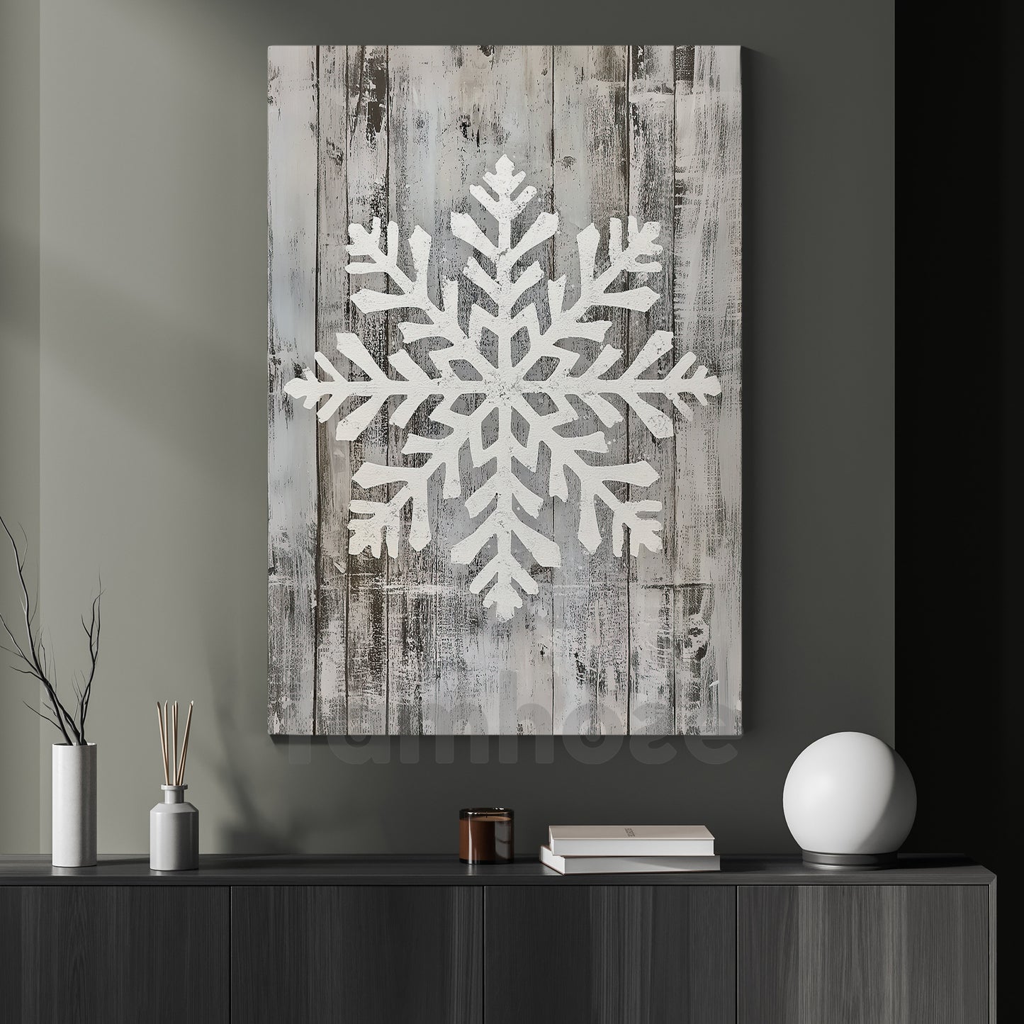 Rustic Christmas Snowflake Canvas Painting, White Snowflake Carved On Wooden Planks Wall Art Decor, Xmas Poster Gift For Snowflake Lovers
